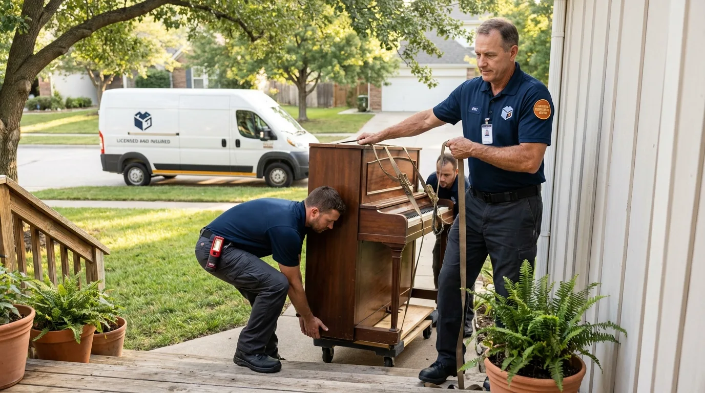 Licensed piano movers securing grand piano in Princeton, IN