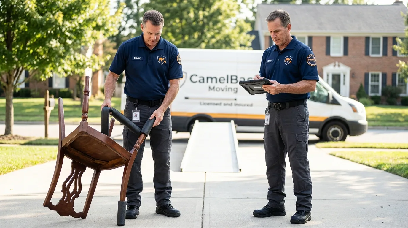 Movers inspecting furniture for damage prevention before loading in Princeton, IN